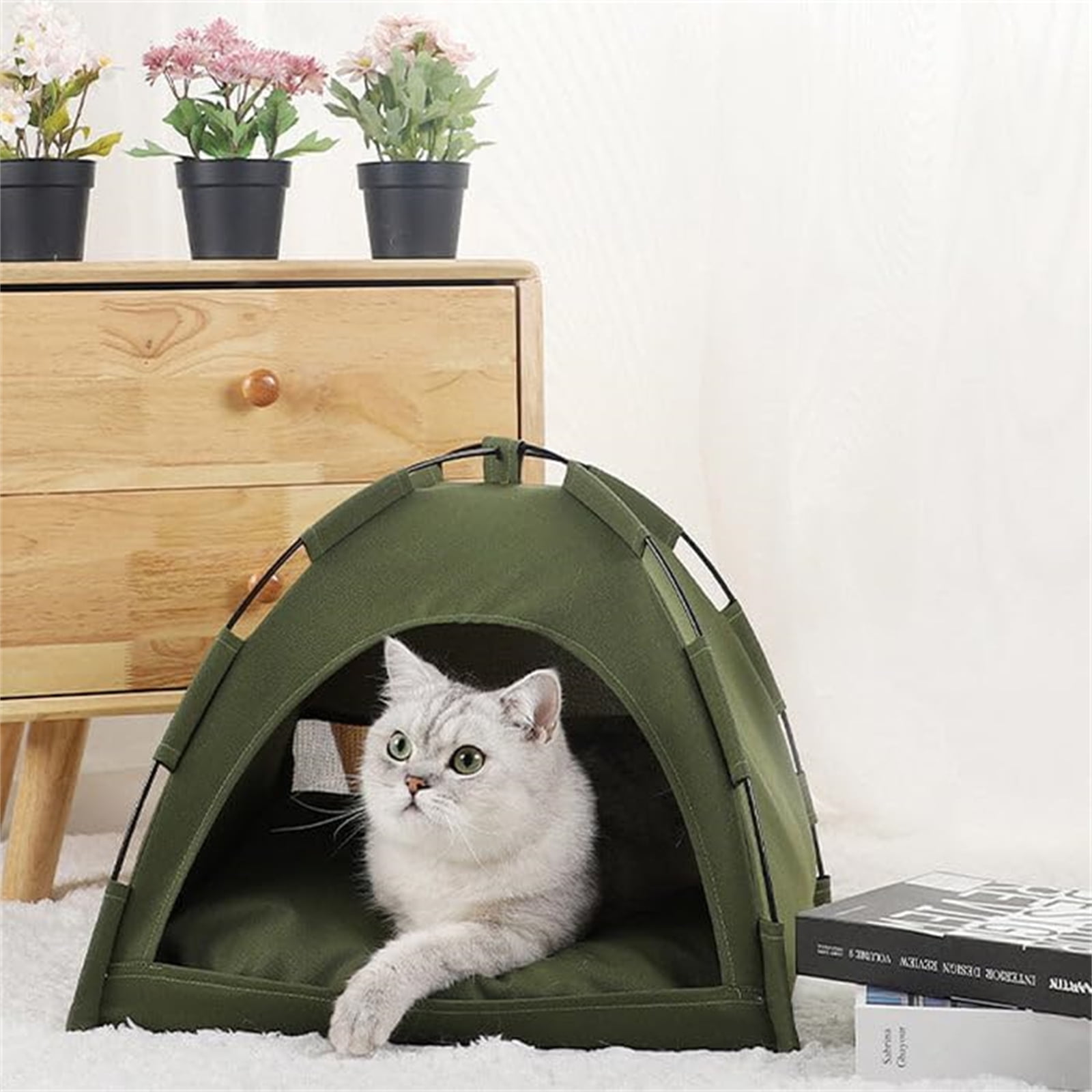Dog Bed Camping Cat Tent with Cushion for Pets Indoor Cat Nest for Small Kitten & Puppy Dogs Portable and Easy to Clean Green Large