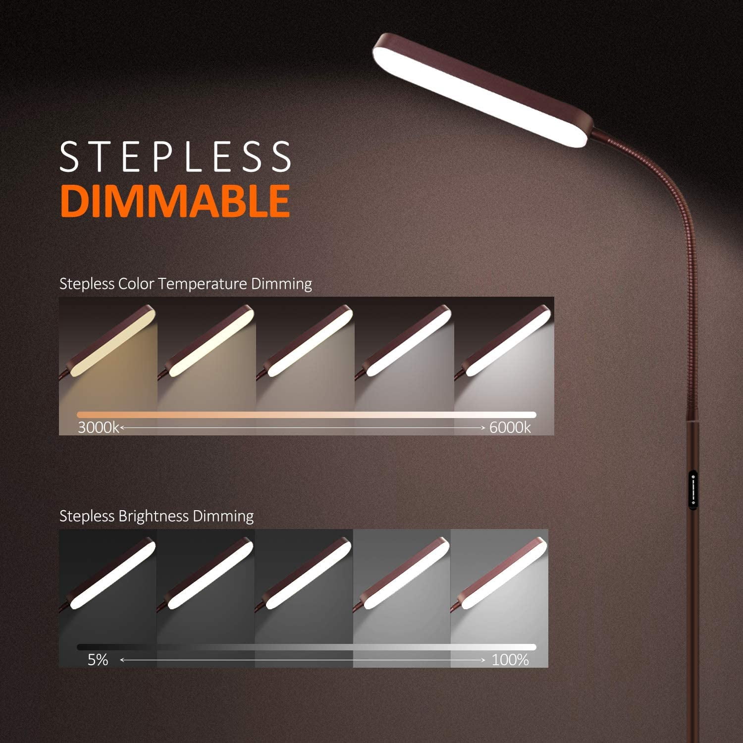 Floor Lamp, 15w/1000lm Bright LED Floor Lamp with Stepless Adjustable 3000K-6000K Colors and Dimmer, Remote and Touch Control Reading Lamp, Adjustable Gooseneck Floor Lamp for Living Room