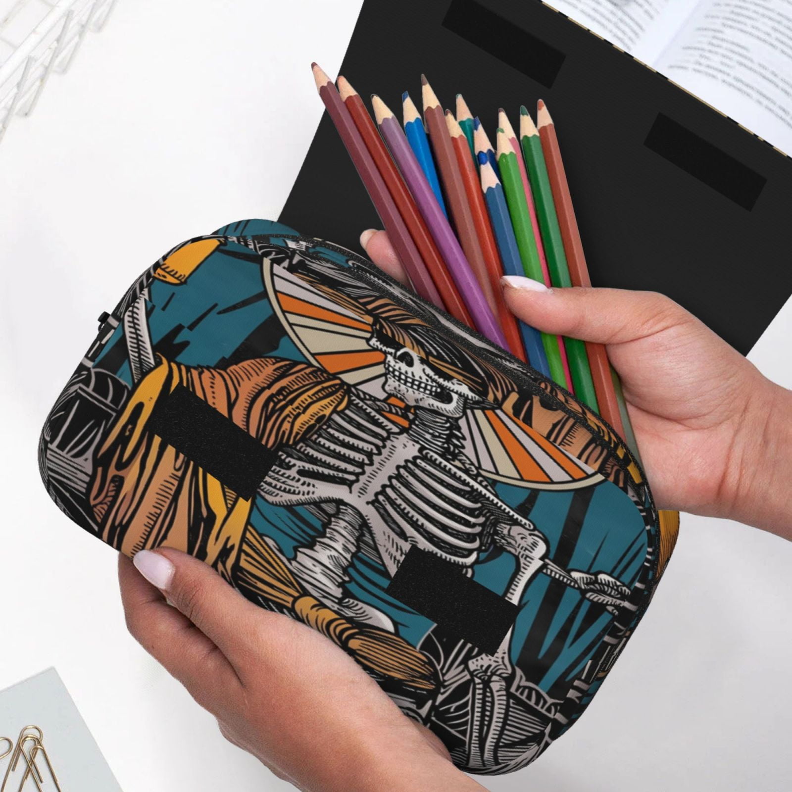 Rateoe Coffee-Drinking Skull Pattern Double Clamshell Pen Case, Storage Organizer with Two Zipper Compartments– Holds Up to 50 Pencils & Pens