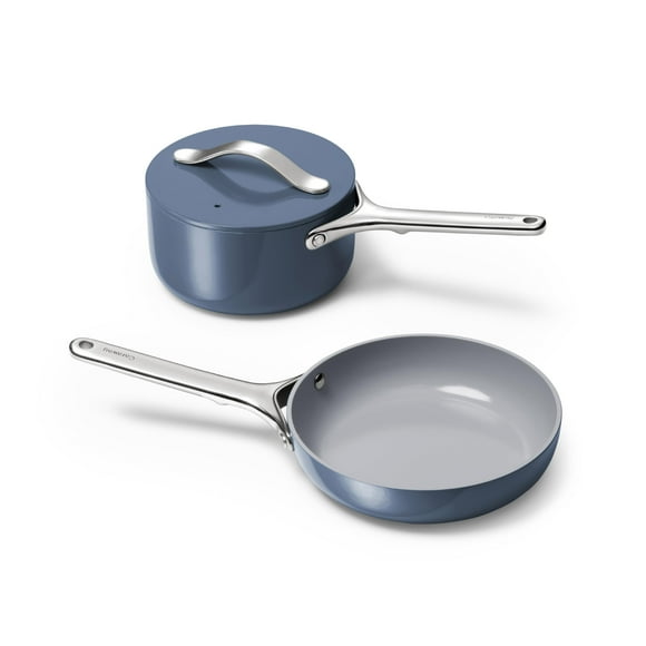 Juego de mini utensilios de cocina Caraway - Sartén de cerámica antiadherente (1.05 qt, 8") Cacerola para salsa (1.75 qt) y estante de almacenamiento - No tóxico, libre de PTFE y PFOA - Apto para horn