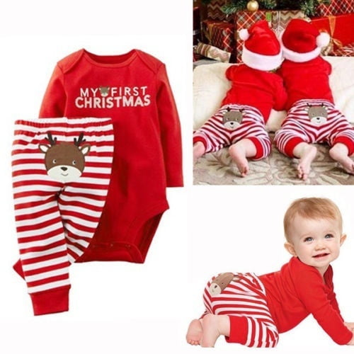Newborn Baby Girls Boy Christmas Clothes Stripe Jumpsuit Romper Warmer Outfits 
