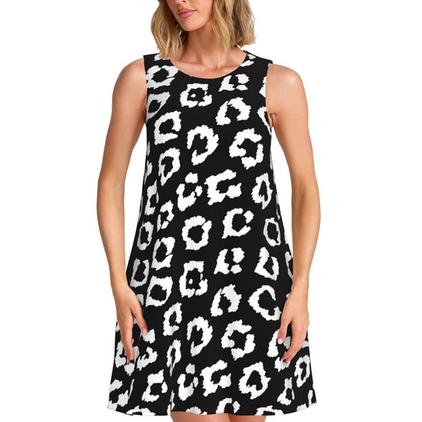 Fotbe Black Leopard Vestido de Verano sin Mangas para Mujer – Vestido Midi Línea A, Estilo Camiseta Floral, Vestido Playero Casual y Fluido