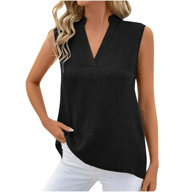 Timegard Camisoles pour Femmes Été Coton Lin Col en V Sans Manches Légères Décontractées Amples Hauts Blouse