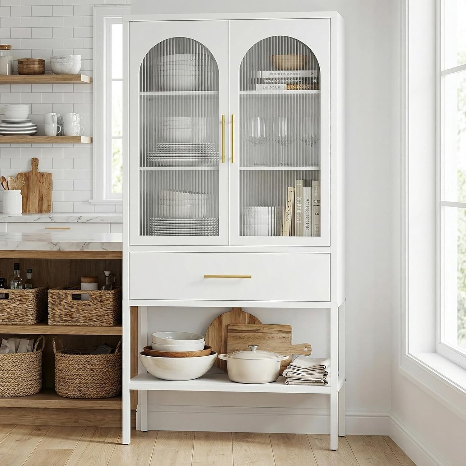 63" Tall Metal Storage Cabinet with Glass Doors, Kitchen Pantry Cabinet with Drawers & Adjustable Shelves, Freestanding Metal Cabinet for Kitchen, Dining Room and Home Organization White