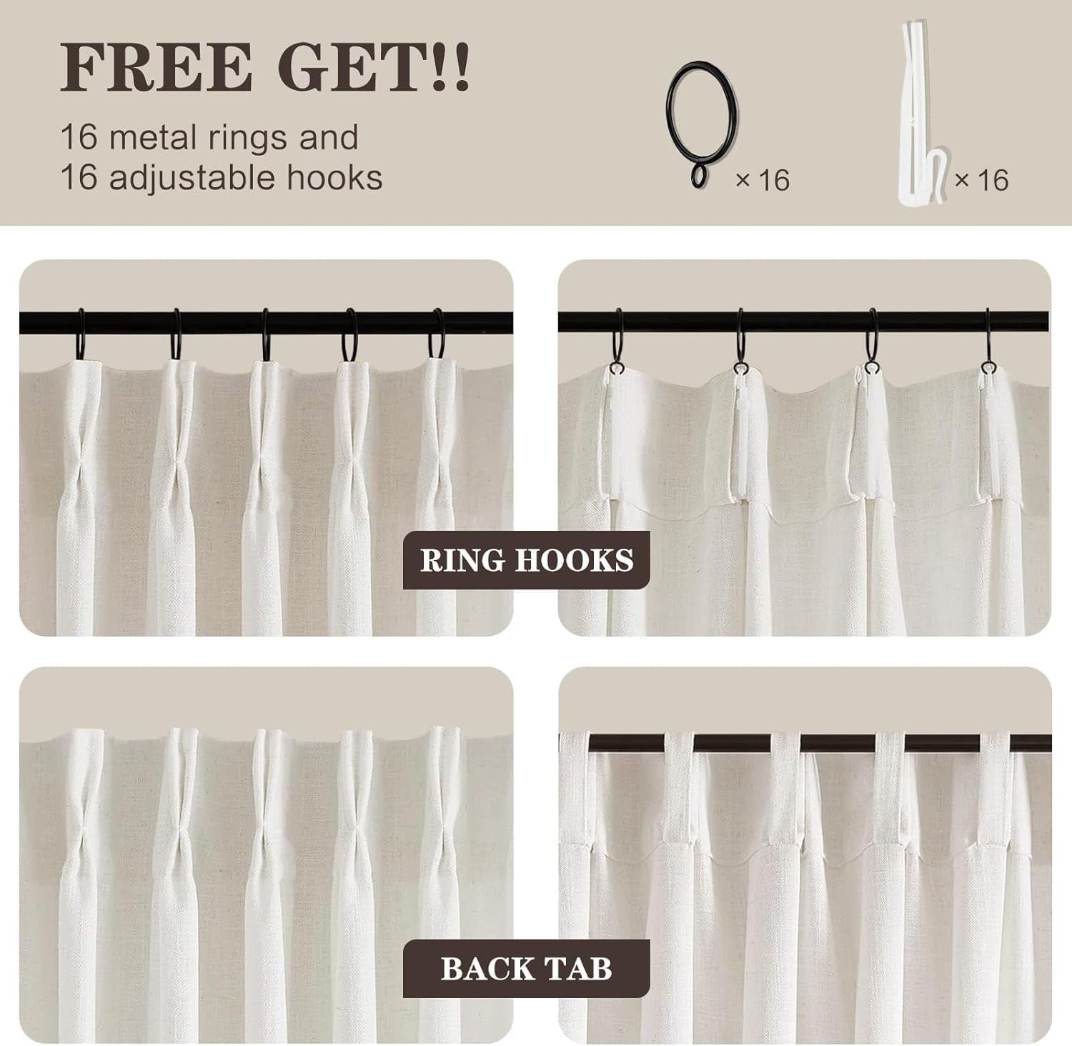 Galenzoov 40×90 inch 2 Panels Pinch Pleated Linen Curtains for Home, Light Filtering Airy & Privacy Protection Breathable Window Drapes for Bedroom, Living room, Office, Natural