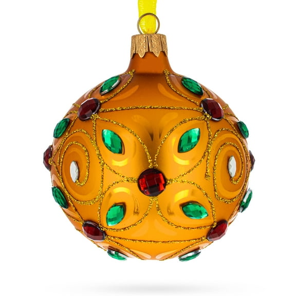 Multicolored Jewels Adorned on a Gilded Glass Ball Christmas Ornament 3.25 Inches