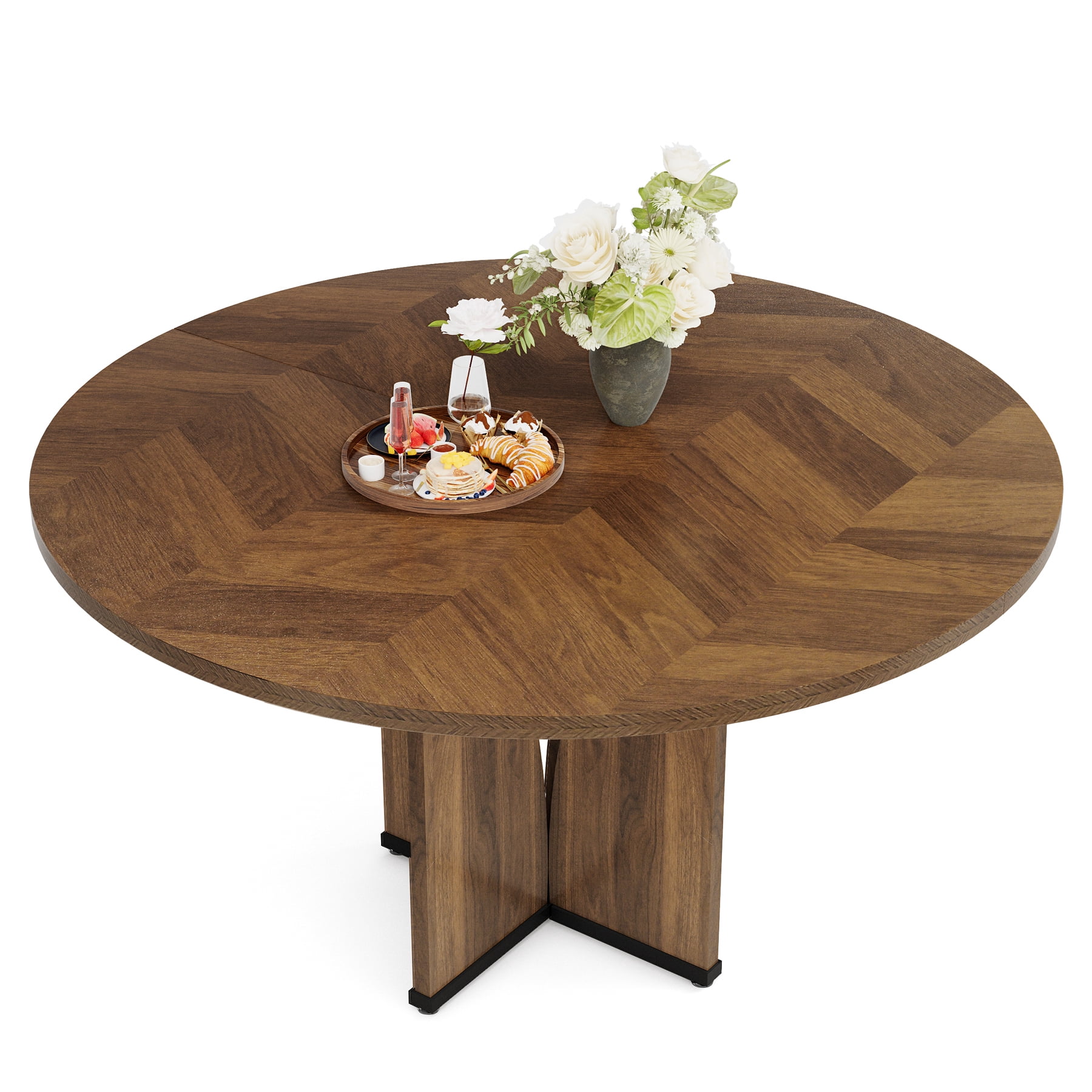 Fnova 39.37" Modern Round Dining Table for 4 with Wood Tabletop, Kitchen Table for Dining Room, Brown