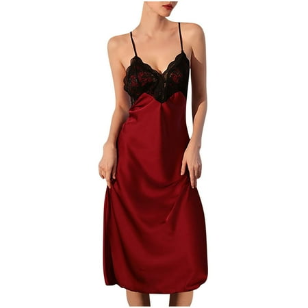 Annhoo Womens Long Nightgowns Lace Lingerie V Neck Strap Sleeveless Sleepwear Nightdress Homewear Pajamas Dress