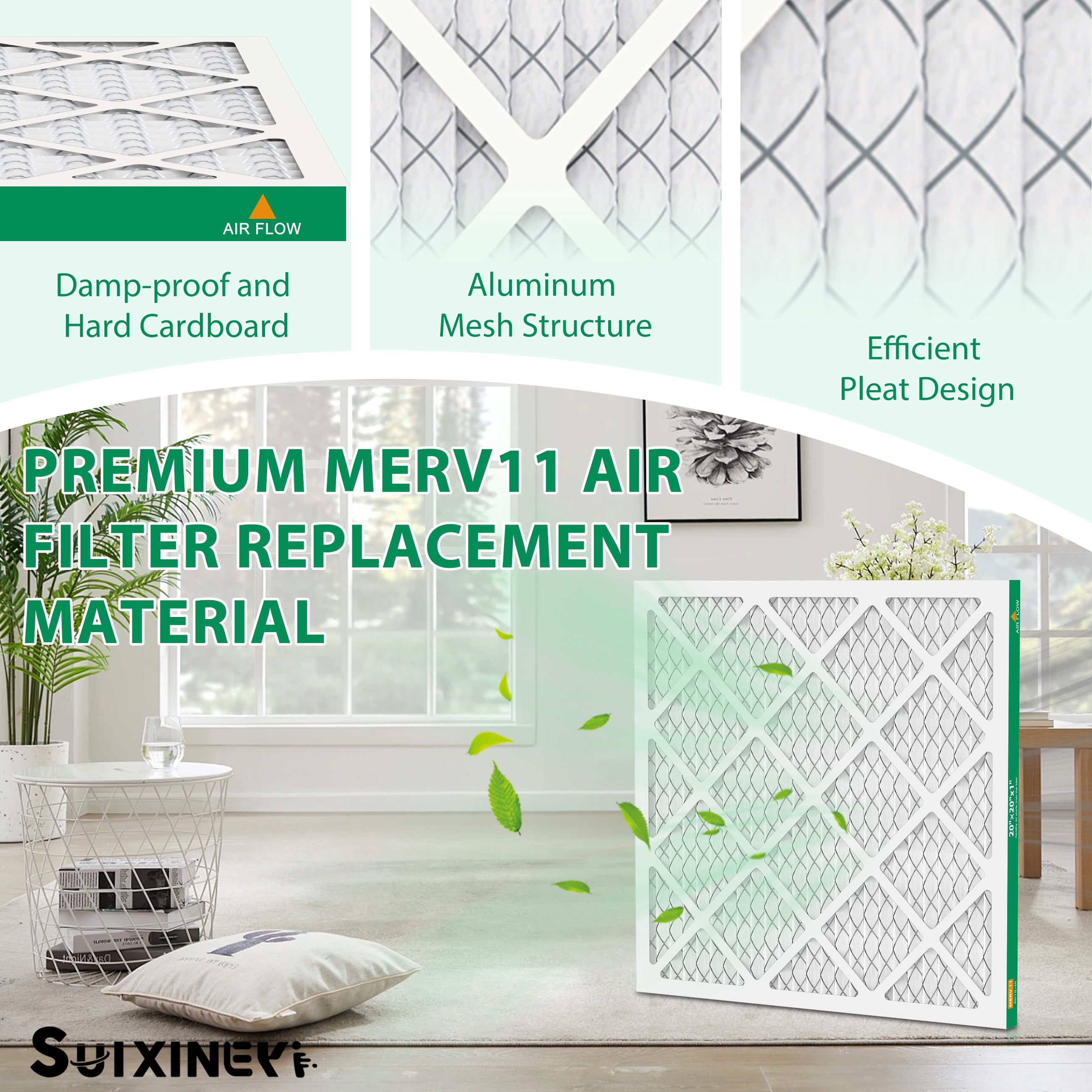 SUIXINEYI AC Filters 20X20X1 Furnace Air Filter, Pleated HVAC Air Filter MERV 11 MPR 1000, Allergen Defense,4 Filters