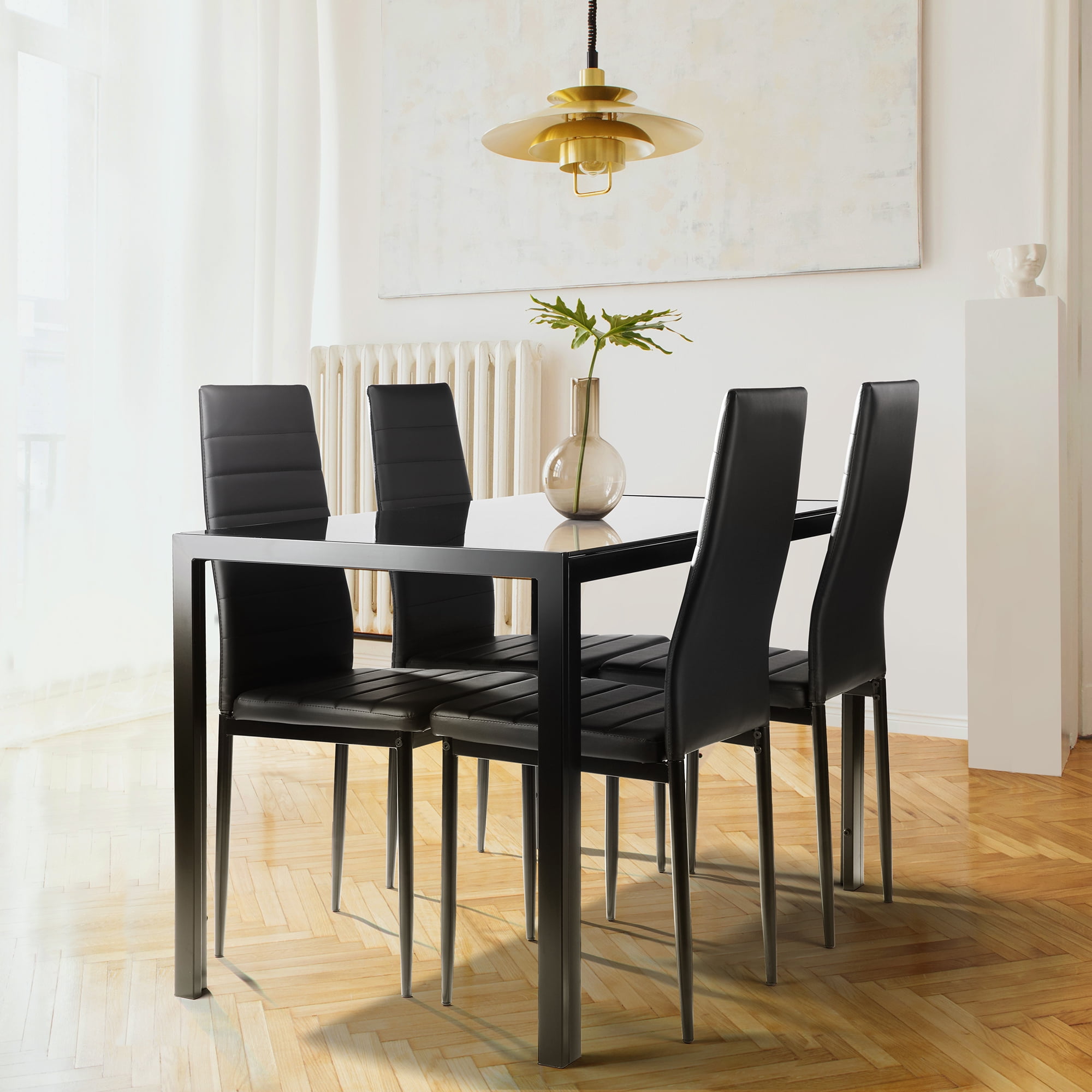 Dining Furniture Set 4x Black Faux Leather Dining Chairs Table Tempered Glass 