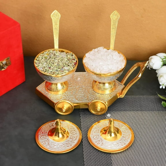 Handcrafted Decorative Brass-Plated Mukhwas Bowl Set – Twin Bowls with Lids, Spoons & Tray – Elegant Gold & Silver Tabletop Trolly/Cart Design (8 x 4 Inch)