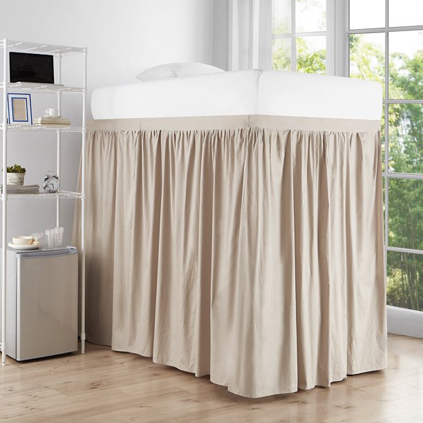 Extended Dorm Sized Cotton Bed Skirt Panel with Ties (3 Panel Set) Sepia Beige (For raised or