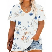 Women tshirts Sawvnm Women's Plus-Size V-Neck Short Sleeved Printing Base Shirt XL