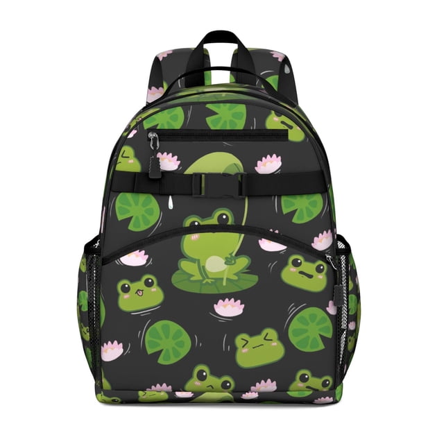 Green Frog Students Backpack with Cute Cartoon Frog Print, Mushroom and Flower Pattern, Nature Forest Design for Students and Students