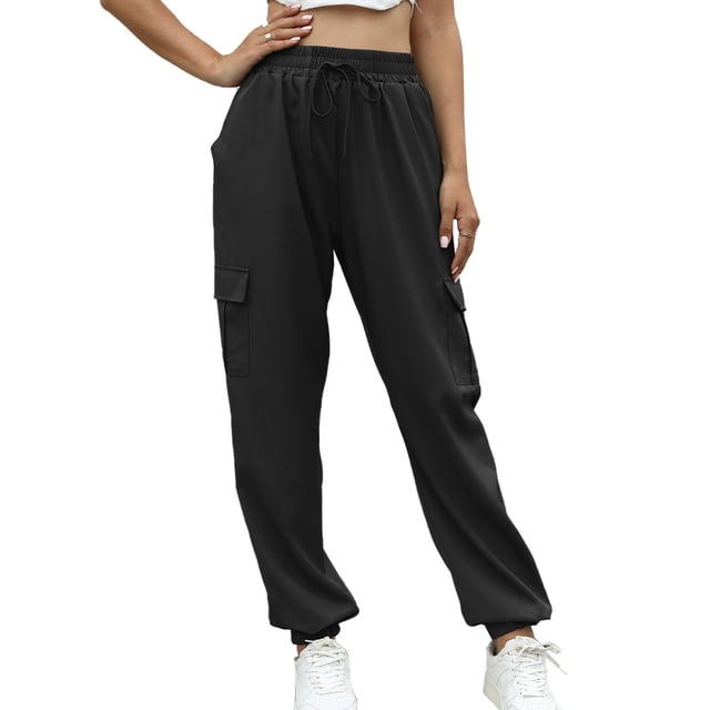 Joggers para mujer Puño en el tobillo Bolsillo lateral Cordón Color puro Cintura alta Pantalones de chándal para mujer Negro L