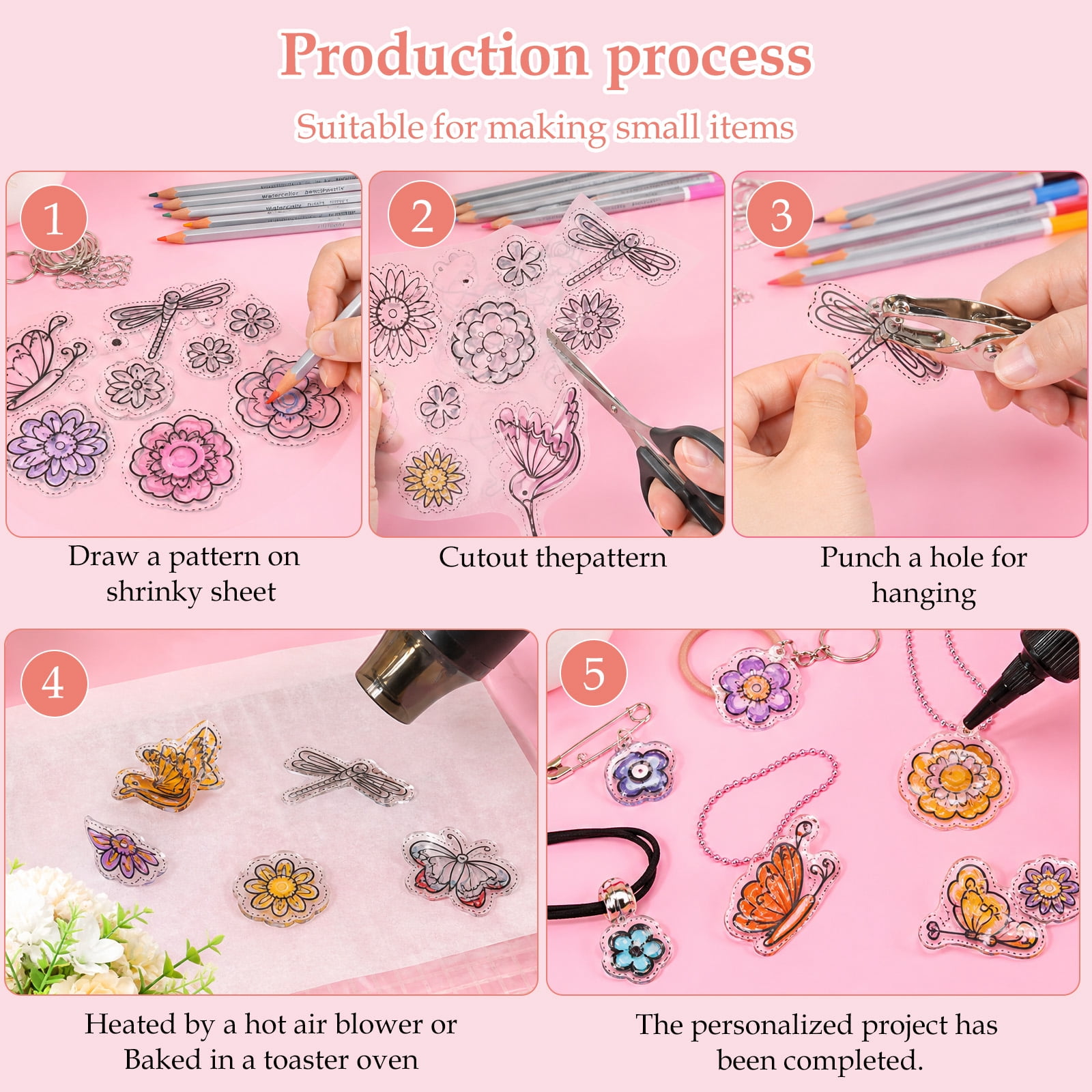 221 Piece Shrinky Dink Sheets Paper Keychain Kit – with Hole Punch, Keychains & Tassels for Key Ring & Earring Craft
