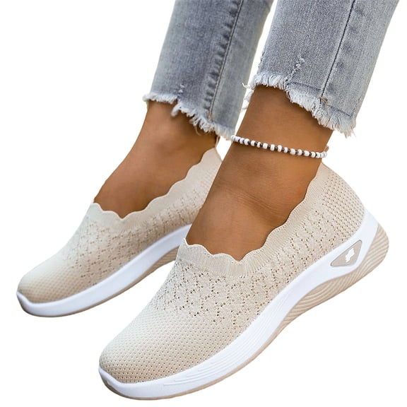 HTHLVMD Knit Slip-On Flats, Breathable Mesh Casual Shoes, Women's Slip On Loafer Shoes - Mesh Casual Ballet Flat Nurse Walking Sneakers Knit Round Toe Casual Memory Foam Shoes, Beige 5.5