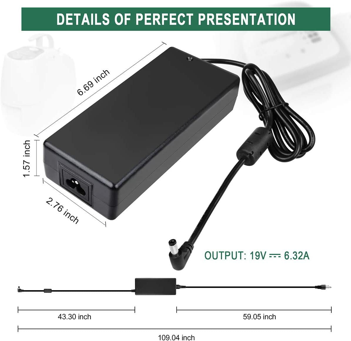 FITE ON 19V 6.32A Power Supply 120W 19 Volt AC Adapter 100V-240V 50-60Hz AC  to DC 19V 6.32A Power Adapter 6320mA Converter with 5.5mm x 2.1mm 2.5mm