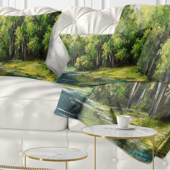 Designart Summer Day Lake in Forest - Landscape Printed Throw Pillow - 12x20