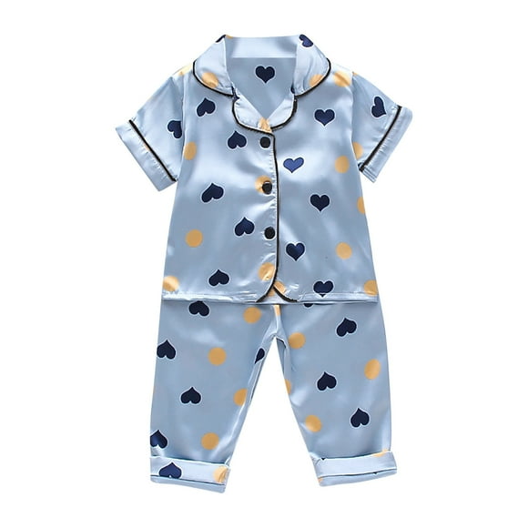 Hiiyo Toddler Girls Satin Pajamas Heart Print Short Sleeve Shirt Pants Sleepwear Homewear