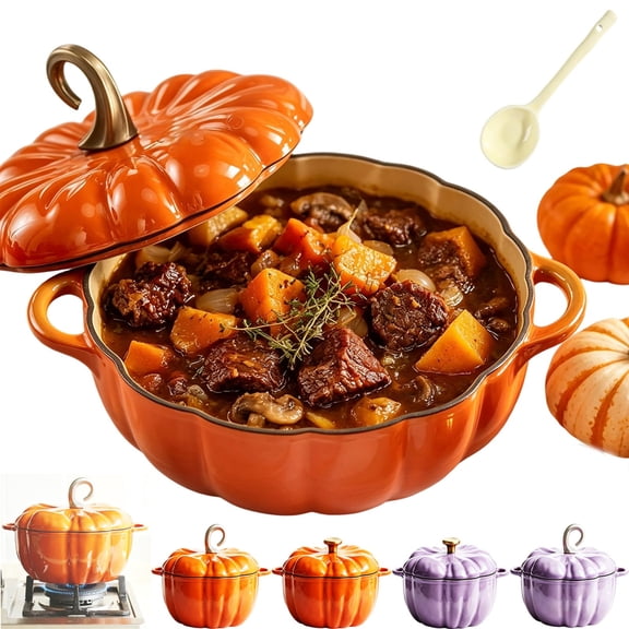 Pumpkin Dutch Oven with Lid, Enameled Cast Iron Soup Casserole Dish, Oven Safe Cookware with Dual Handles for Fall Thanksgiving