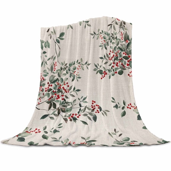 Berry Watercolor Leaf Flannel Blanket for Bed,Travel and Camping, Christmas Winter Xmas Super Soft Cozy Blanket for All Seasons 32"x48"