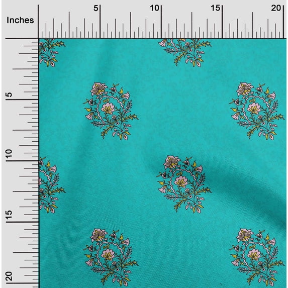 oneOone Cotton Flex Turquoise Blue Fabric Leaves & Floral Block Dress Material Fabric Print Fabric By The Yard 40 Inch Wide