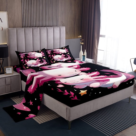 Erosebridal Pink Axolotl Bed Sheets Set Twin Size, Cartoon Animal Bed Sheets Twin, Dreamy Galaxy Stars Twin Sheet Sets, Breathable Bedroom Decorative, 3pcs