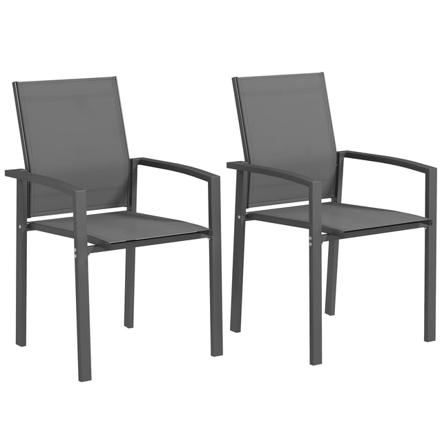 Set of 2 Stackable Outdoor Garden Dining Chairs, Rust-Resistant Steel Frame with Breathable Texteline Fabric, Armrests, Dark Grey, for Patio, Balcony, Backyard, 22"x22.8"x35"