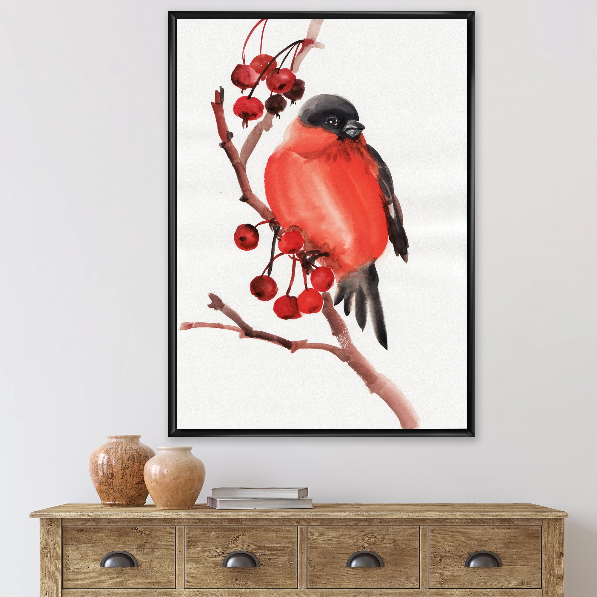 Designart 'Red Bullfinch Bird Sitting On A Branch With Berries' Traditional Framed Canvas Wall Art Print