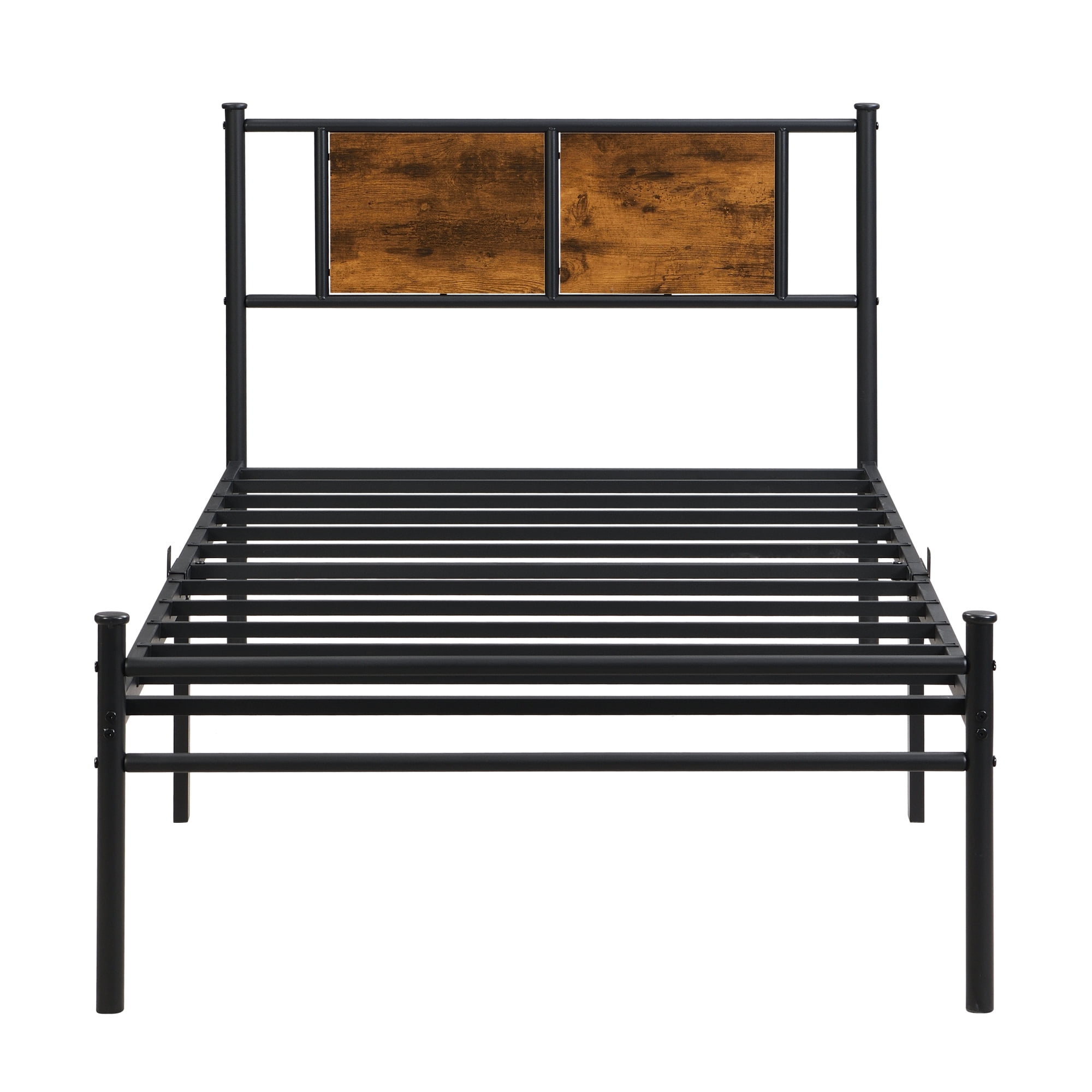 Leumius Twin Size Bed Frame, Industrial Metal Platform Bed with Wooden Headboard,Black+Brown