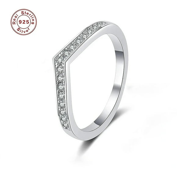 V Shape Round Cut Moissanite Wedding Band for Women, 18K White Gold Plated 925 Sterling Silver Promise Ring for Her, Simulated Diamond Stackable Rings VVS1 D