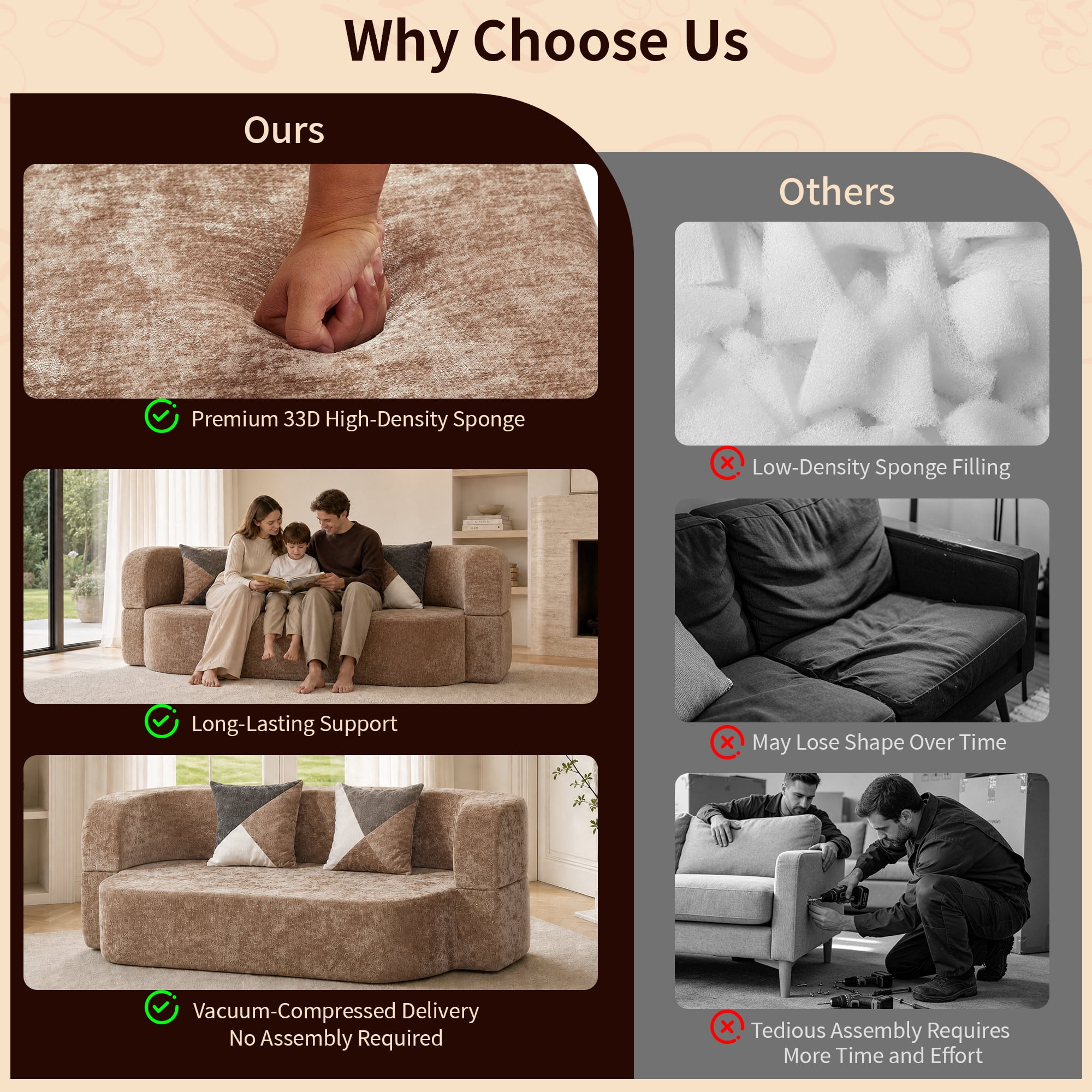 78.74"W Eggshell Convertible Sofa,Floor Couch,Sleeper Sofa Bed,No Assembly High-Density Sponge Loveseat with 2 Pillows for Living Room, Apartment,Small Spaces,Taupe Beige