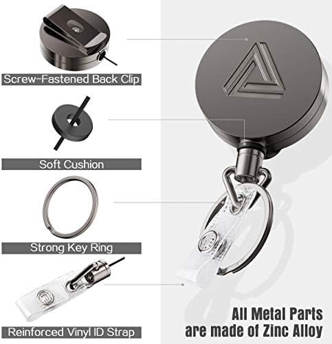 2 Pack Heavy Duty Metal Retractable Badge Holder Reel with Belt Clip Key Ring and Waterproof Vertical Clear ID Card Holder + 2 Extra Carabiner Key Chain Rings, 30 inches Strong Dyneema Pull Cord