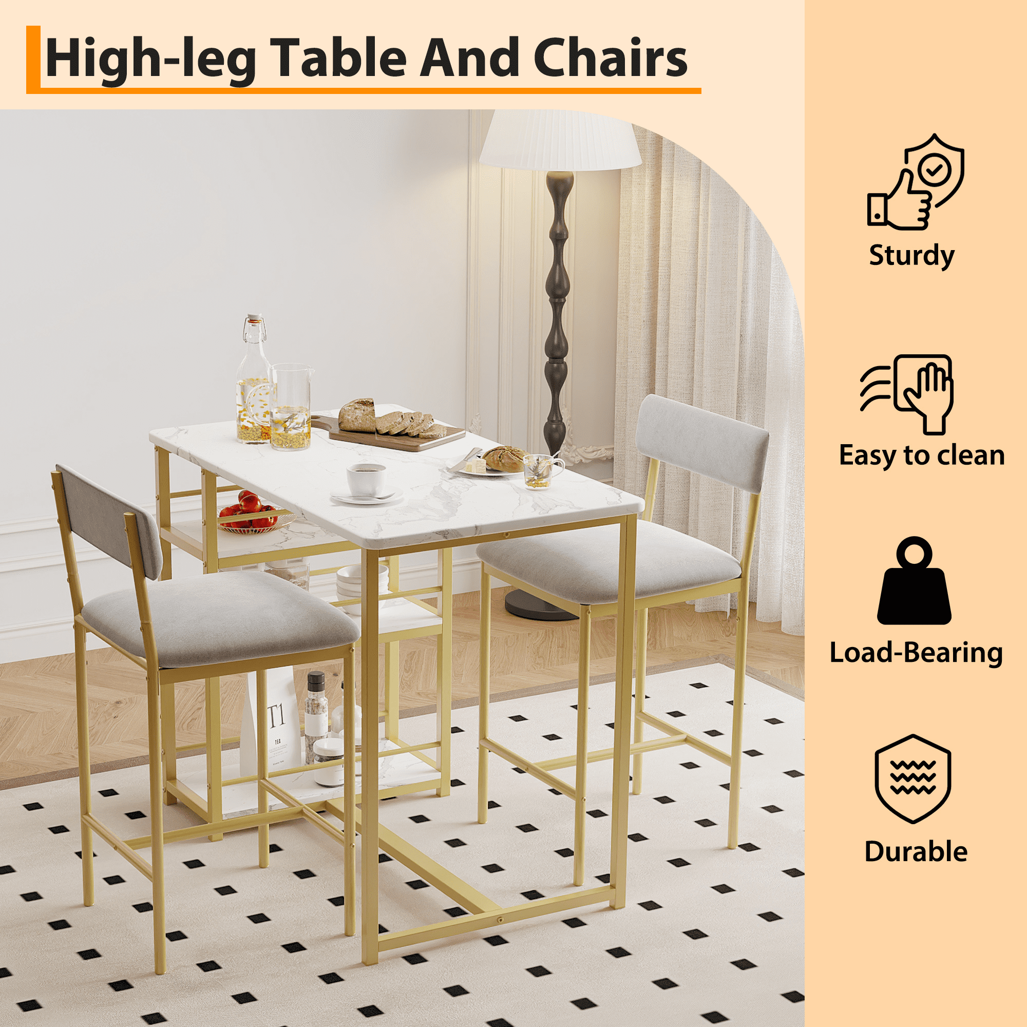 Kitchen Table Set,Dining Table and Chairs for 2,3 Piece Dining Room Table Set with 2 Upholstered Chairs,Bar Dining Table Set for Small Spaces,Apartment,Breakfast,Pub