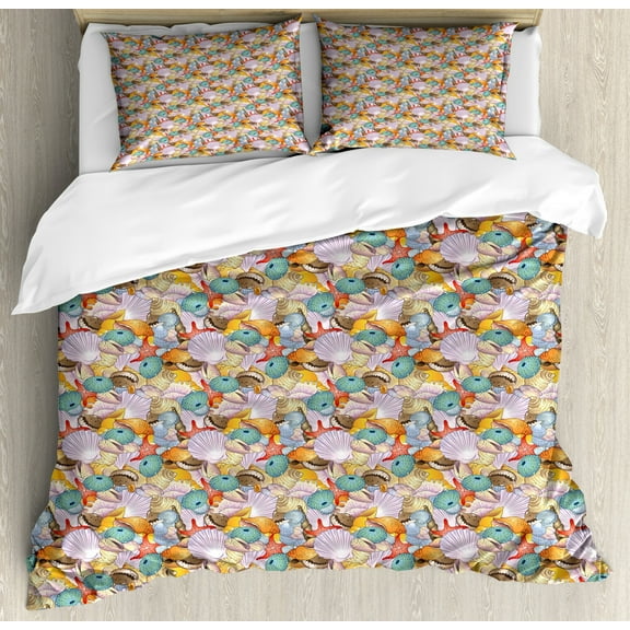 Shells King Size Duvet Cover Set, A Pile of Hand Drawn Seashells Assortment of Various Types Forms of Crustaceans, Decorative 3 Piece Bedding Set with 2 Pillow Shams, Multicolor, by Ambesonne