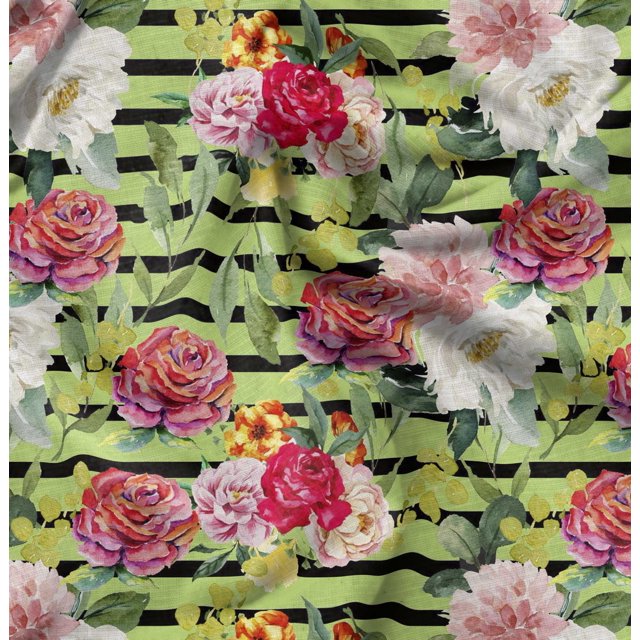 Soimoi Vert Coton Jersey Tissu Rayé & Grandiflora Roses Imprimé Floral 1 Yard 58 Pouces de Large