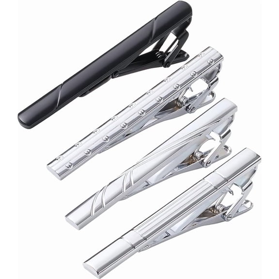 1 Box 4 Styles Tie Clips for DIY Men Black Platinum Shiny Tie Bar Metal Brass Tie Bar Clip for DIY Regular Necktie Tie Pins Father Wedding Meeting Business Gifts 2.36 x 0.24 inch