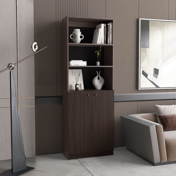 TUHOME Home 2-Door Bookcase, 71.1" Tall Bookshelf, 3 Open Tiers & Enclosed Cabinet, Engineered Wood