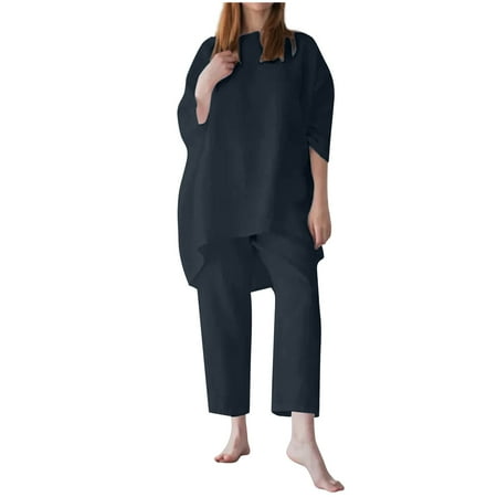 

Homenesgenics Womens Suit Plus Size Pajamas for Women 2PC Fashion Woman Round Neck Solid Long Sleeve Blouse +Loose Pants Sets