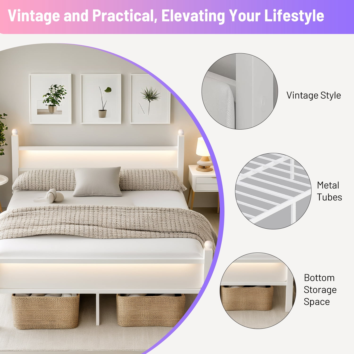 Chuangshuo Guard Queen Size Bed Frame with LED Storage Headboard Shelf , Metal Platform Bed, Noise-Free, White