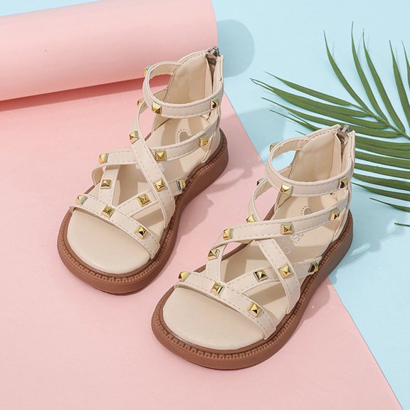 Toddler Girls Gladiator Sandals with Zipper Lace Up Open Toe Strappy Summer Beach Shoes for Little Big Kids Beige 35