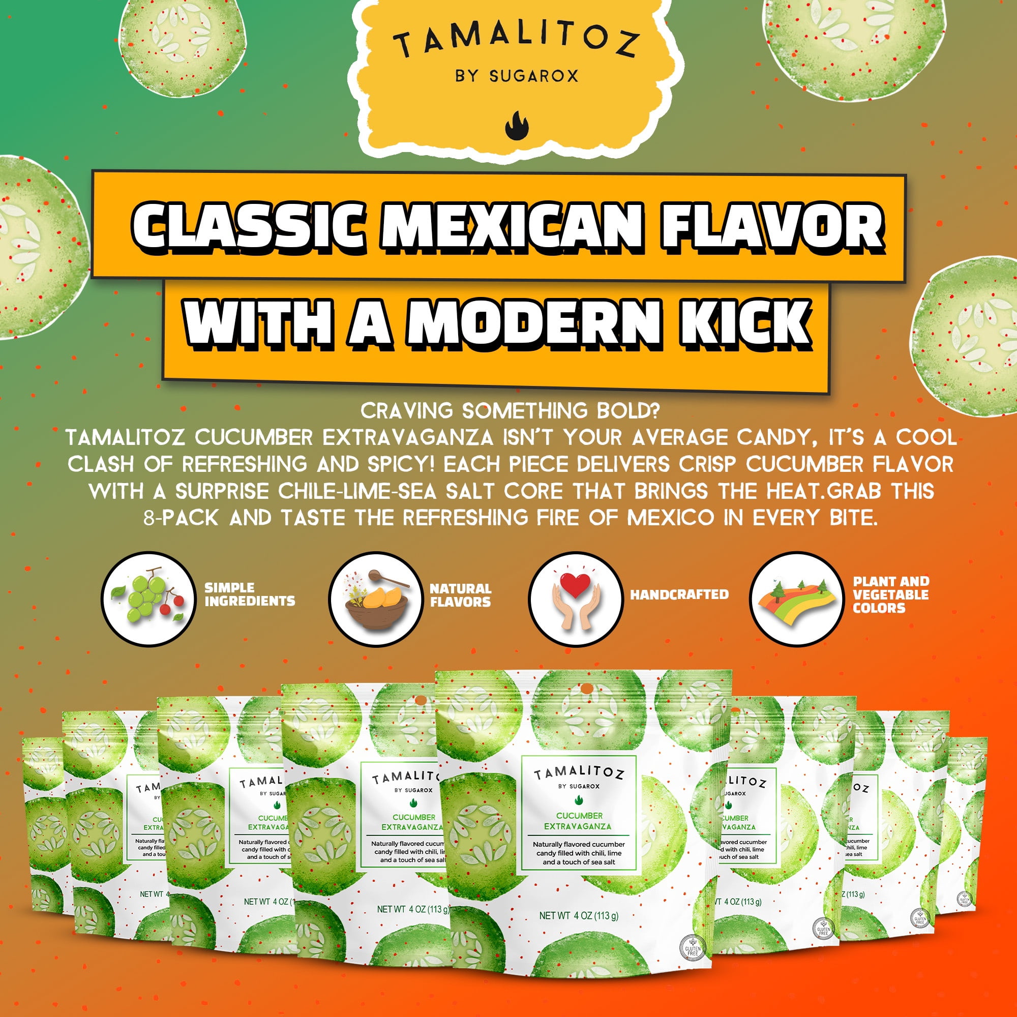 Tamalitoz Cucumber Extravaganza – Spicy Cucumber Mexican Hard Candy Filled with Chile, Lime & Sea Salt – Handcrafted Mexican Fruit Candy, Gluten-Free, Kosher, No Artificial Colors, 8 Bags – 4oz Each