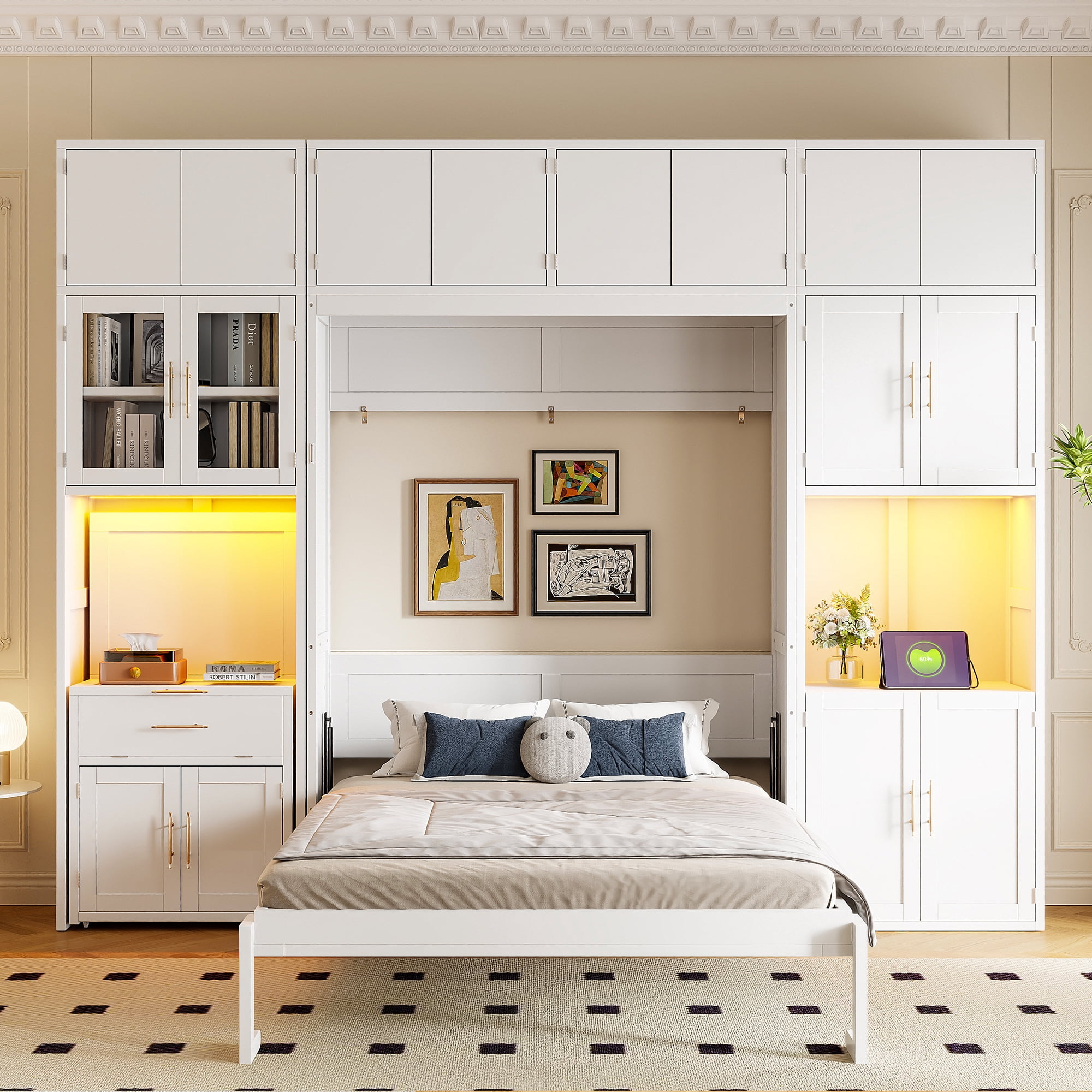 Full Size Murphy Bed with Storage Hutch, Writing Desk, USB, LED Lighted for Small Space, Guest Room