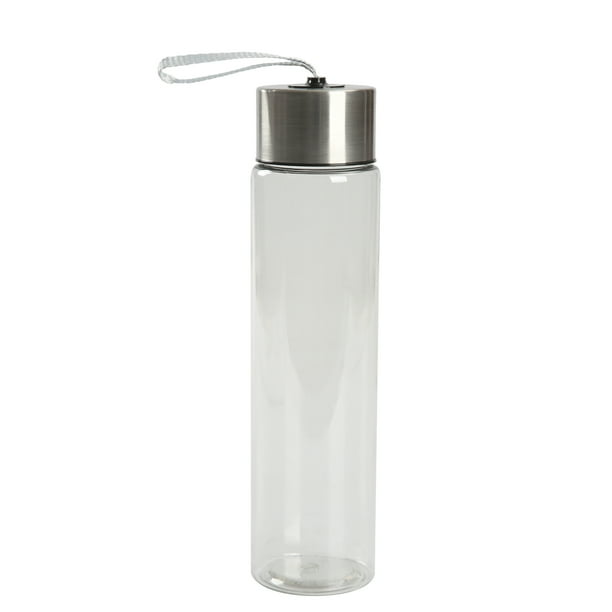 Mainstays 18 fl oz Plastic Clear Water Bottle with Stainless Steel Screw Cap Lid and Strap