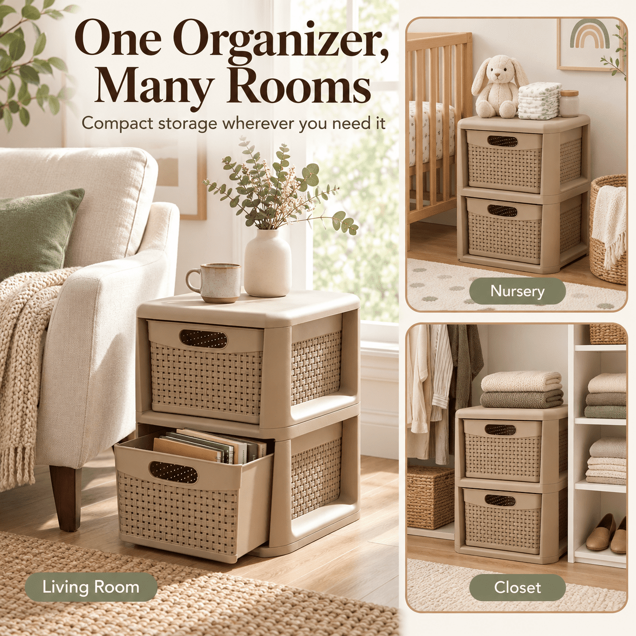 Furnibear 2-Drawer Storage Organizer with Wicker Patterns for Bedroom Bathroom Closet Living Room Nursery Clothes Storage, Brown