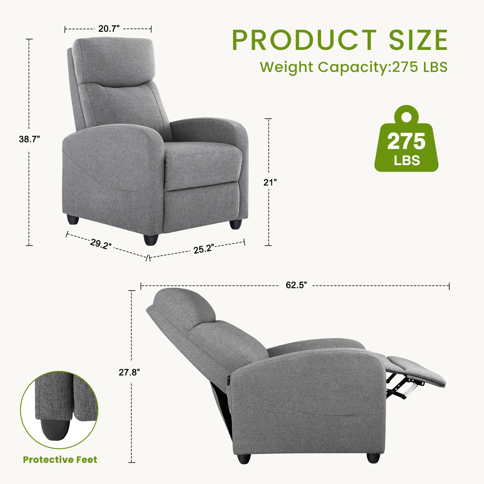MCQ Vibration Massage Recliner Chair, Comfortable Lounge Seat for Home, 275lbs Capacity, Grey