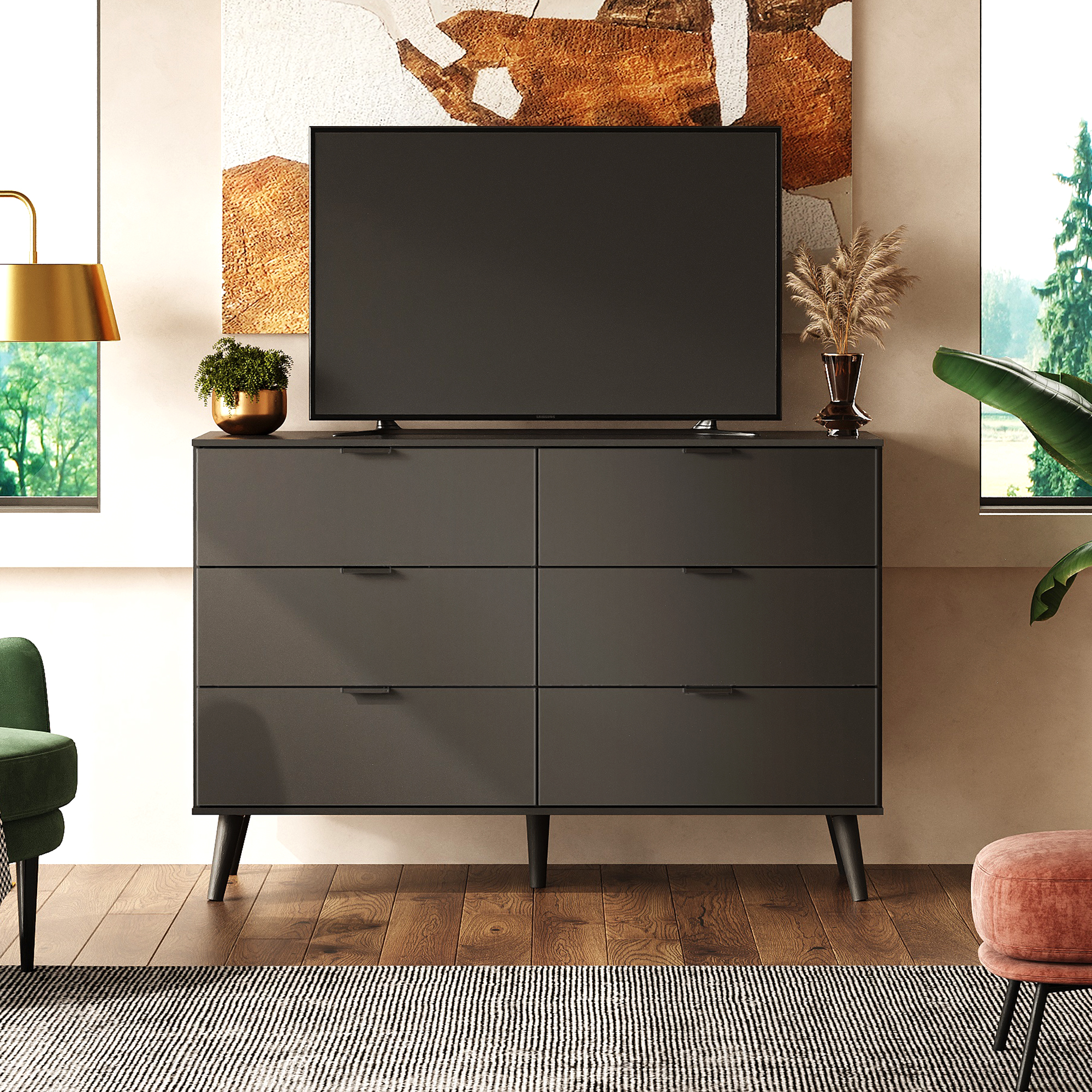 GALAXHERO 6 Drawer Wood Dresser, 47.2" Wide Chest of Drawer with Metal Handles, TV Stand for 55" TV, Double Dresser for Bedroom, Living Room, Hallway, Closet, Black