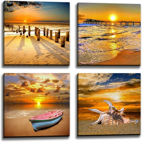 Beach Picture Wall Art Beach Poster Ocean Picture Sunset Beach Canvas Contemporary Scenery Beach Picture Photo Mural Artist Home Decor Wall Decoration Painting Canvas Printing 4 Pieces/Set