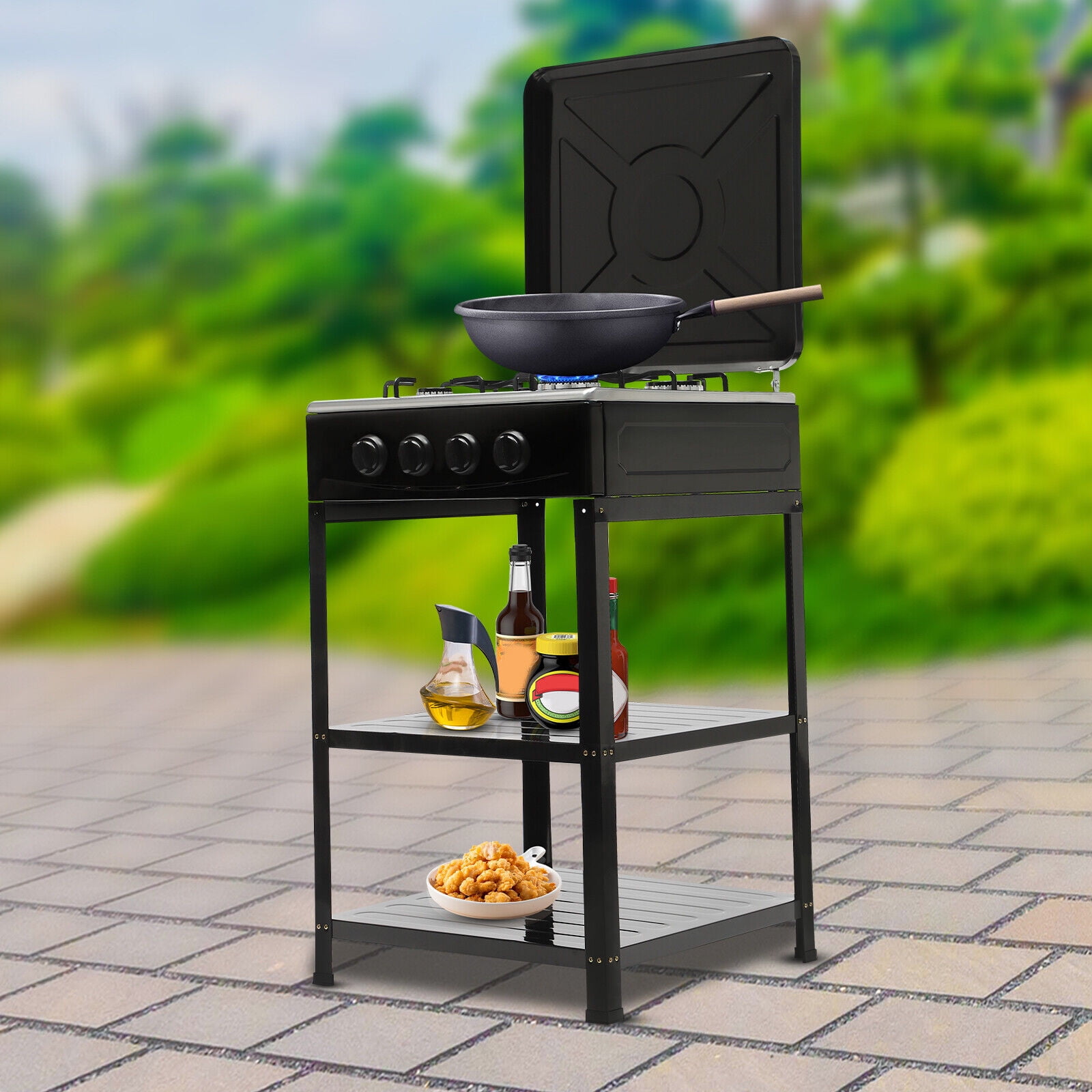 Portable Gas Stove 4-burner & Support Leg Stand &wind Blocking Cover BBQ Outdoor